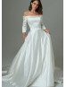 Off Shoulder Ivory Satin Lace Minimalist Wedding Dress